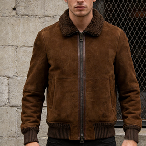 Veste en <span class=keywords><strong>daim</strong></span> de style aviateur personnalisée de qualité supérieure avec col en fourrure, chaude, coupe-vent, décontractée, pour l'extérieur, style bomber - Product Image 1