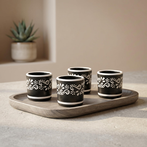 Juego de 4 Copitas de Mezcal de Cerámica Pintadas a Mano Estilo Mexicano, 50 ml, Negras y Blancas con Diseño Floral, para Degustación de Tequila, Decoración de Bar, Regalo - Product Image 1