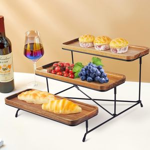 Acacia gỗ phục vụ khay với màu đen kim loại đứng 3 tầng cupcake đứng bằng gỗ thực phẩm hiển thị platters món tráng miệng bảng hiển thị thiết lập - Product Image 5