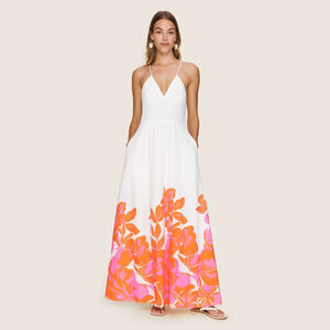 Vestido largo maxi bohemio personalizado para <span class=keywords><strong>mujer</strong></span>, con estampado floral blanco, cintura imperio, escote en V profundo, tirantes finos, fruncido y bolsillos laterales, ideal para invitadas <span class=keywords><strong>de</strong></span> boda. - Product Image 2