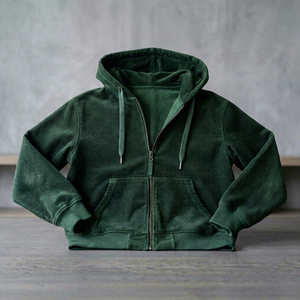 Green Washed 100% Cotton Solid Corduroy <b>Zip</b>-Up <b>Hoodie</b> Men Oversized Pullover Jacket with <b>Pocket</b> for Winter Casual Wear - Product Image 1