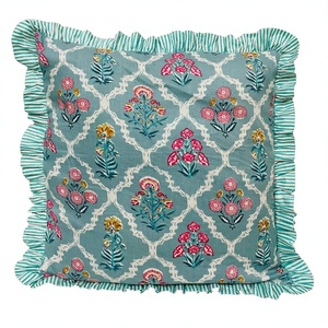Indian Hand Block Print Cotton Frill Bohemian Pillow Cushion <b>Covers</b> 16x16 and 18x18 Floral Decorative <b>Sofas</b> & <b>Throw</b> Pillows - Product Image 1