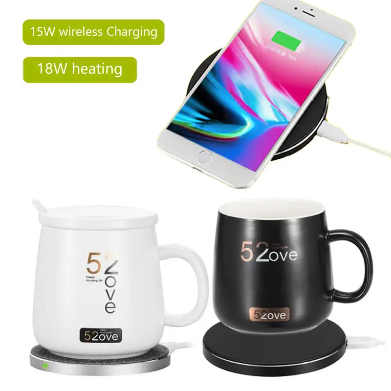 Qi 18W 15W 2 in 1 Pad di ricarica Wireless veloce riscaldamento elettrico tazza da caffè tazza termostatica più calda caricabatterie multifunzione