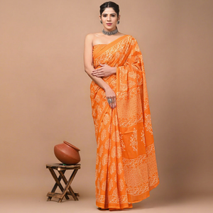 Sari de Algodón Mulmul Estampado con Blusa a Juego, Sari de Algodón Mulmul Ligero y Elegante - Cómodo para Uso Diario - Product Image 1