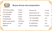 Service de table 98 pièces en porcelaine fine opale, assiettes de luxe dorées, style arabe et turc
