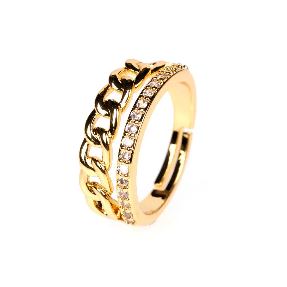 Trendy Geometric Curb Link Chain Stacking Finger Ring 18KG Gold Plating Double Layers CZ Cuban Chain Opening Rings