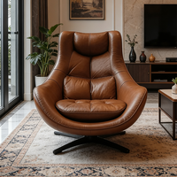 Fauteuil pivotant en cuir marron : coussin capitonné, siège confortable pour salon