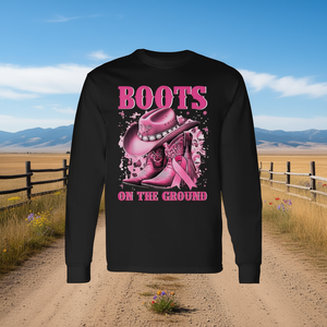 Camiseta de manga larga con estampado de botas en el suelo y diseño de vaquera del oeste, para concienciación sobre el cáncer de mama, para mujer, cuello redondo, algodón, talla adulta - Product Image 2