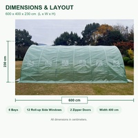 Serre tunnel dôme autoportante 600x400x230cm avec structure en acier galvanisé, couverture en filet PE et 2 portes zippées pour ferme familiale