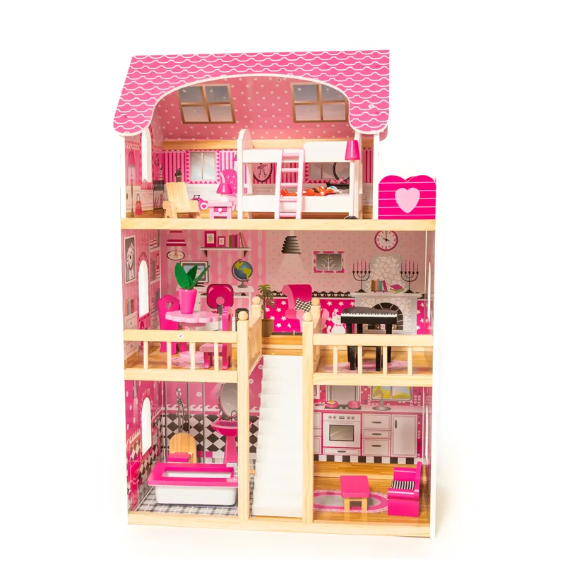 Factory direct classic pink wooden doll house diy for children
