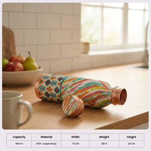 Premium Contoured Enamel Printed Pure Copper Water <b>Bottle</b> Vibrant Abstract Ikat Pattern Leak-Proof Ayurvedic Health Sports <b>Flask</b> - Product Image 3
