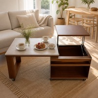 Mesa de Café com Tampo Elevatório em Madeira Sólida, Multifuncional, com Acabamento em Pedra, Com Gavetas para Armazenamento, Ajustável para Sala de Estar ou Escritório