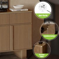 Buffet moderne large avec 3 tiroirs, 4 portes de rangement, 2 pieds renforcés, finition chêne clair pour cuisine, salon, villa
