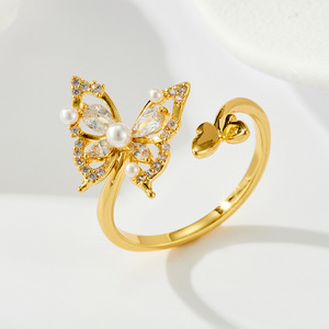 Butterfly Ring Gold Micro Paved Zircon Adjustable Openwork Design For Party Jewelry - Product Image 1
