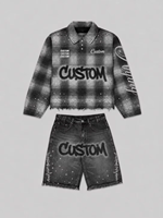 Ensemble chemise à carreaux en strass personnalisée et short en jean, style streetwear déchiré à bords bruts, deux pièces, ODM OEM