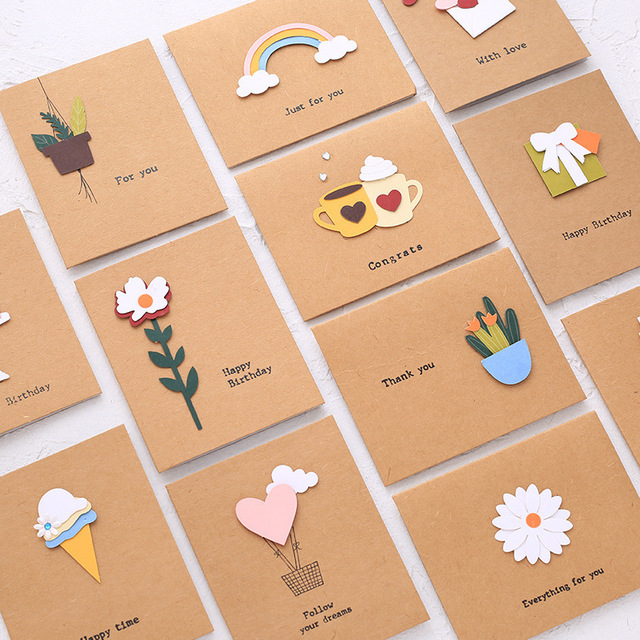3D Handmade Greeting Cards Hot Sales Kraft Paper Blank Greeting Cards Cute Thanks Leave Message Cards