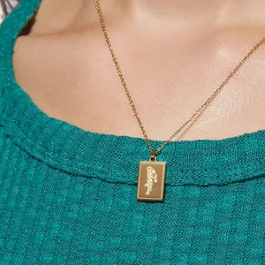 Customized Fashion Jewelry 14K Stainless Steel Square Sign Aries Virgo and Other Carved Pendant Women's Necklace Birthday Gift