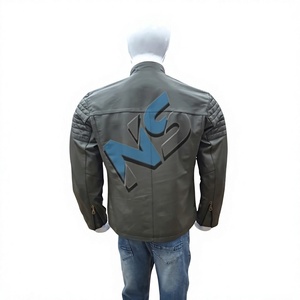 <b>Men's</b> Olive Green Slim Genuine <b>Leather</b> Streetwear <b>Jacket</b> with Windproof Stand Collar and Padded Shoulder - Product Image 2