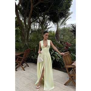 Robe unie avec détail boutons jaunes, fermeture éclair décorative, taille XS-XL, en Spandex, longueur ras du sol, col carré, pour soirée, avec doublure, sur commande - Product Image 3