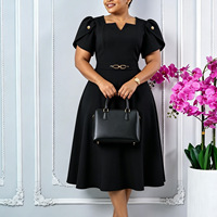 Robe midi pour femme à col carré, manches courtes bouffantes, boutons décoratifs, ceinture, jupe évasée, style A-line, formelle, pour l'église, grandes tailles