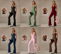 Combinaison de yoga une pièce sexy pour femme avec logo personnalisé, en dentelle, col en V, dos nu, effet push-up, contrôle du ventre, style halter et jambes évasées