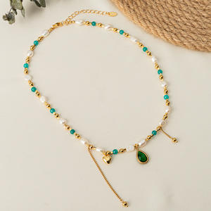 قلادة من التيتانيوم، أحجار كريمة زمرد حقيقية مطلية بالذهب، لؤلؤ مياه حلوة متعددة الألوان، عقد للنساء - Product Image 2