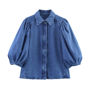3 Colorway <strong>Turn</strong> Down Collar Long Sleeve Buttons <strong>up</strong> Denim Blue Color Casual Fashion <strong>Jeans</strong> Tops Blouse for Women - Product Image 1