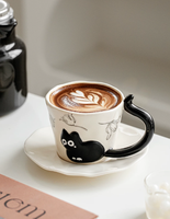 Tasse et soucoupe en céramique gaufrée motif chat noir floral dessiné à la main, avec poignée unique en forme de queue de chat, ensemble mug à café et latte