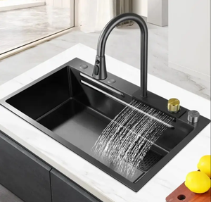VORIVA Fregadero de Cocina de Acero Negro Grande, <span class=keywords><strong>Grifo</strong></span> de <span class=keywords><strong>Cascada</strong></span>, Tazón Único, <span class=keywords><strong>Lavabo</strong></span> de Cocina para Lavado de Verduras - Product Image 1