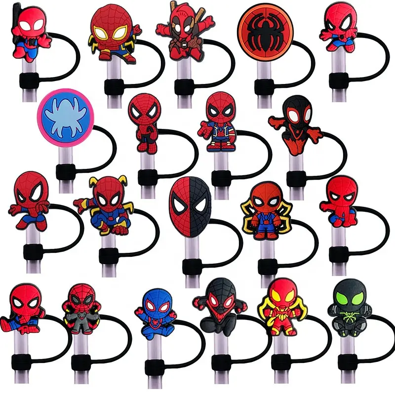 2024 Hot Design Straw Toppers For Tumbers Wholesale Avenge Spiderman Hero Reusable Straw Topper Charms For Drinking
