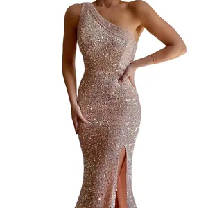 Sequined Beautiful Straight Slit Evening Dresses One-Shoulder Prom Dress Sleeveless Strapless Metal Sequins Formal Party Dress