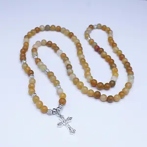 Natural Buddhist Prayer Bead Tasbih 108 Mala Bracelet Natural Stone Rosary Beads Bracelet White Cross Pendant