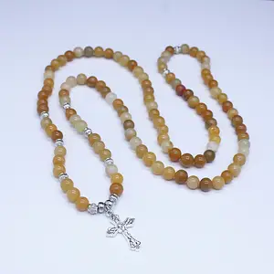 자연 불교 기도 구슬 Tasbih 108 말라 팔찌 천연 돌 묵주 비즈 팔찌 화이트 크로스 펜던트