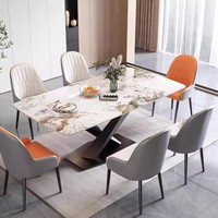 Ensemble de table à manger en dalle de roche blanche avec 6 chaises, banquet, mariage, famille, salon, style moderne en acier inoxydable, meubles