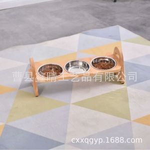 ชั้นวางอาหารสัตว์เลี้ยงไม้พร้อมชามสแตนเลสสามใบสำหรับแมวและสุนัข สีไม้ธรรมชาติ ดีไซน์อเนกประสงค์ - Product Image 2
