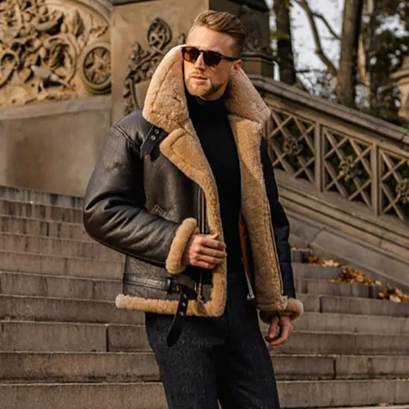 Winter Genuine Sheepskin Leather Fleece Thick Warm Jacket Outdoor Windbreaker Fur Filling Leather Coat for Men