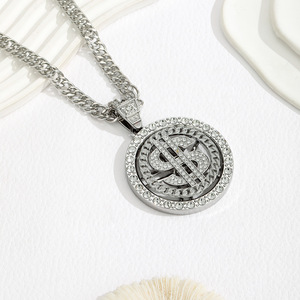 Collier pendentif rotatif en alliage de zinc, motif pièce de monnaie géométrique, avec micro-diamants, style urbain, couleur or et argent - Product Image 3
