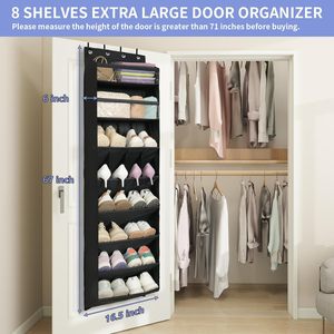 Over The Door Shoe Organizer 8 <b>Shelves</b> 68 Inch Black Hanging Shoe Rack For Closet Storage With <b>Deep</b> Pockets - Product Image 2
