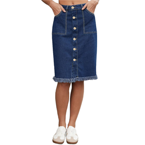 Women's Denim Pencil <b>Skirt</b> <b>Knee</b>-<b>Length</b> Button Front Solid Color Stonewashed Breathable Cotton Casual <b>Summer</b> Wear - Product Image 1