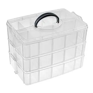 21876 3-layers Transparent Stackable Plastic Storage Snap box Kids Toy organizer case with handle