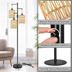 Lampadaire en fer à 3 têtes, hauteur réglable, style rustique, abat-jour beige, source de lumière LED pour salon, chambre à coucher, bureau - Product Image 3