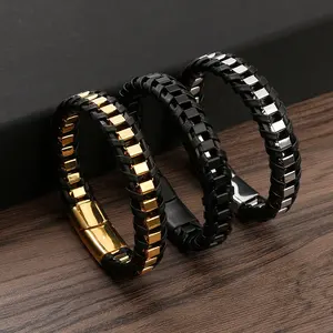 Gelang kulit asli untuk pria, gelang tali multilapis, gelang kulit asli baja tahan karat