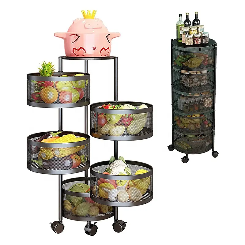 Kitchen Rotating Shelf 360 Degree Baskets Fruit Vegetable Storage Rack Floor Round Household Multi-function Kitchen Cart