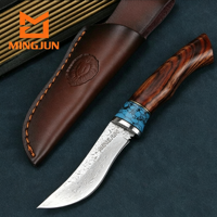 Couteau de chasse d'extérieur avec lame en acier Damas et manche en bois pour le camping