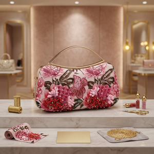 High Quality Half Moon Pearl Printed Embroidered Beaded Evening Clutch Purse Ladies Designer <b>Handbag</b> with Tassel and Ring Strap - Product Image 4