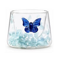 Tasse en verre à double paroi avec pétales séchés et papillon en verre, tasse à thé transparente pour café, jus, maison, café, cadeau
