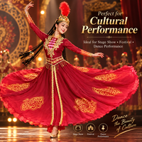 Costume de danse folklorique du Xinjiang pour femmes, dégradé rouge professionnel, broderie dorée de luxe, robe de scène avec coiffe