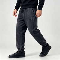 Jean délavé homme gris foncé, taille élastique, coupe ample, poches plaquées, bas de jambe élastiques, cordon de serrage