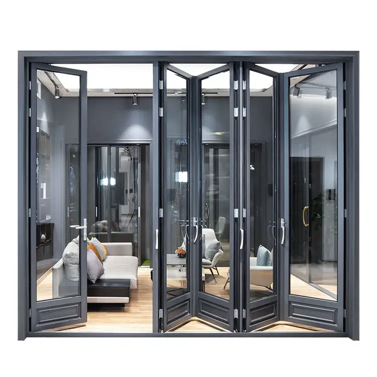 Portas Bifold Exterior design Moderno ao ar livre Liga de Alumínio Vidro Temperado Duplo Bi Porta Sanfonada Pátio