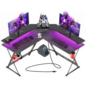 Bureau d'angle à LED RVB avec porte-gobelet Bureau de jeu en L avec lumières LED et prises de courant - Product Image 1